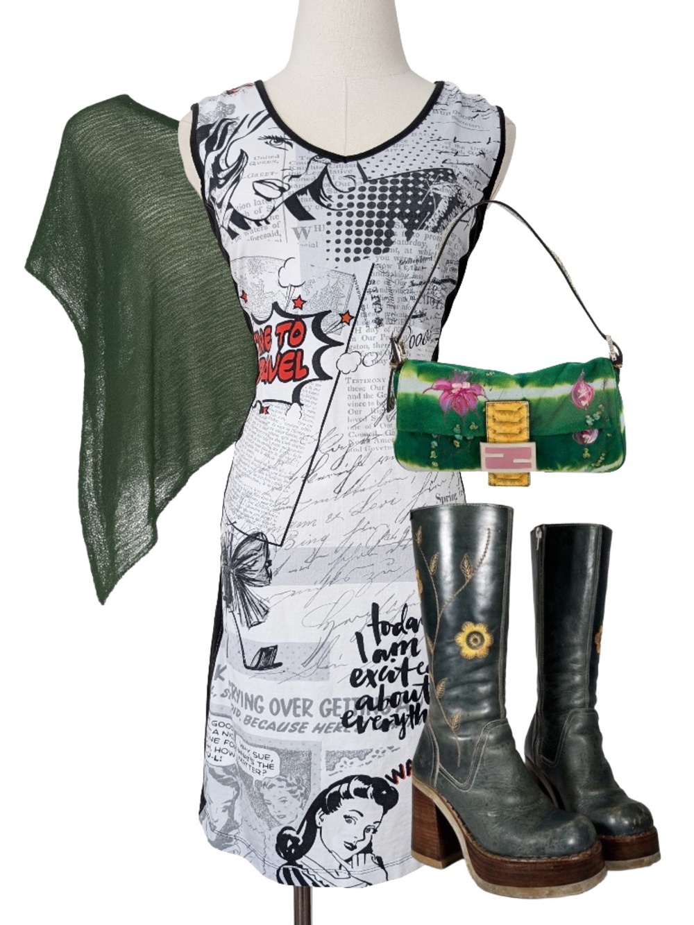 Dolcezza Black & White Comic Dress Midi Sleeveless Size Small